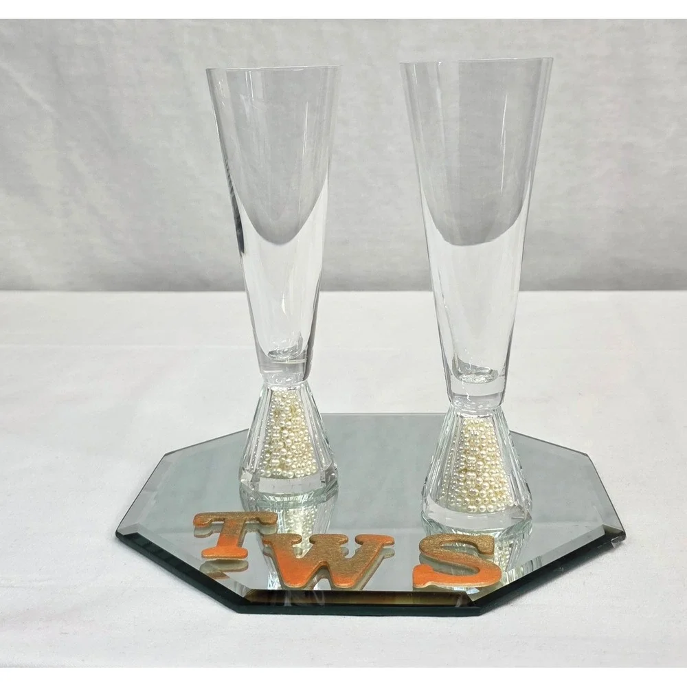 Pair of Faux Pearl Filled Base Champagne Flutes Wedding Toasting Glasses